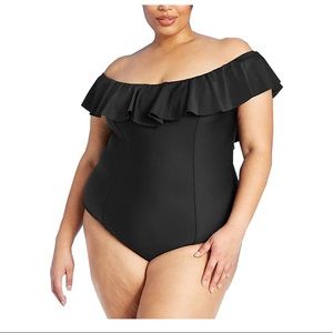Kona Sol Off Shoulder Black Ruffles Swimsuit Plus Sizes 16W 20W NEW